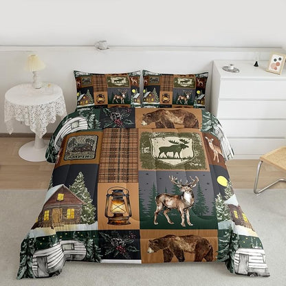 Farmhouse Bear Comforter Set Twin, Rustic Cabin Lodge Down Comforter, Retro Woodland Deer Bedding Comforter Sets, Hunting Wild Animal Plaid Checkered Quilt with 1 Pillow Case Bedroom Decor, Brown