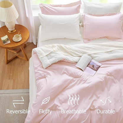 Pink Comforter Set Queen, Pink and White Bedding Set Reversible, 7 Pieces Soft Bed in a Bag Queen with Comforter, Sheets, Pillowcases & Shams, All Seasons Boho Queen Bed Set