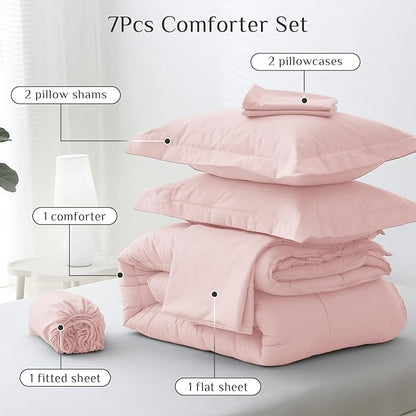 JOLLYVOGUE King Comforter Set, Ultra-Soft Bed in a Bag King Size 7 Pieces, Oeko-TEX Certified Bedding Set with Down Alternative Comforter, Sheets, Pillowcases & Shams, Blush Pink