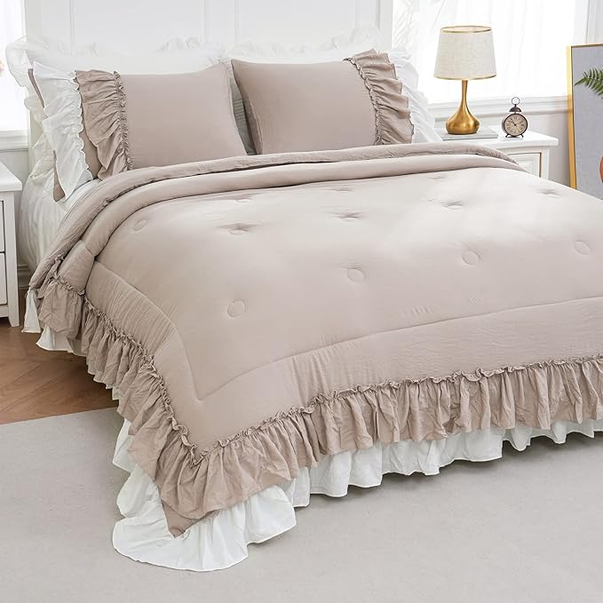 Shabby Chic Bedding Set Boho King Size Comforter Set Ruffle Bedroom Home Decor Ultra Soft Microfiber Taupe Bed Set Farmhouse Down Comforter Bohemian White Ruffled Quilt Set for Girls Women