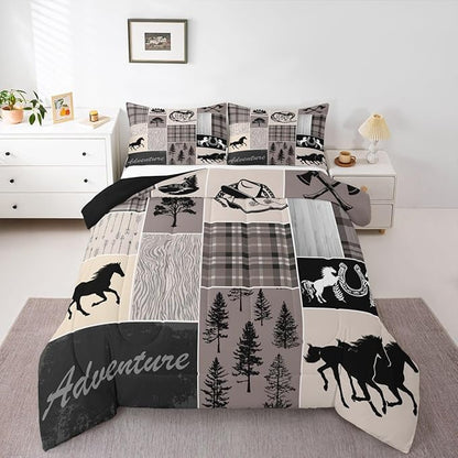 Erosebridal Western Horse Comforter Set, Rustic Farmhouse Quilt King, Southwest Riding Boots Horseshoe Bedding, Geometric Grid Plaid Patchwork Bedding Comforter Sets Cabin Decor for Bedroom, Brown