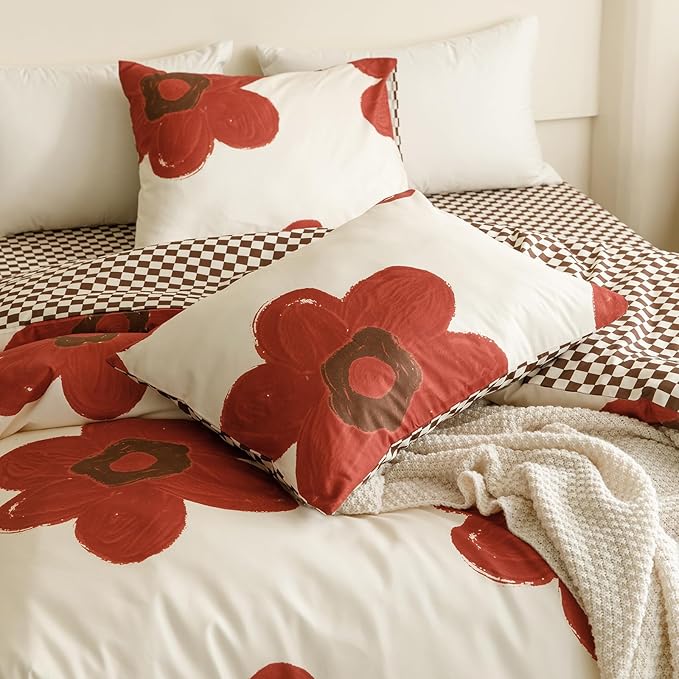 CLOTHKNOW Sunflower Full Comforter Set 3Pcs Rust Beige Floral Bedding Comforter Sets Brown Plaid Comforter Botanical Boho Comforter Sets Full