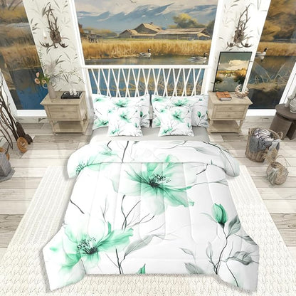 Erosebridal Green Floral Twin Comforter Set with Sheets, Boho Flower 7 Pcs Bedding Set, Ink Painting Style Blossom & Leaf Bed in A Bag, Elegant Watercolor Floral Bed Sets for Adults Women Girls