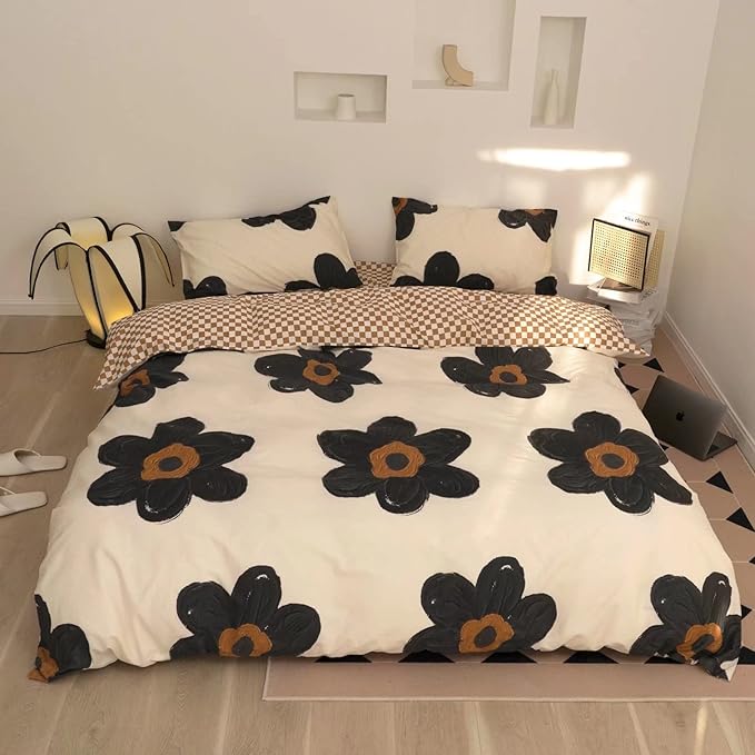 KAREVER Black Floral Comforter Set Girls Black Botanical Bedding Twin Women Boho Chic Blankets Lightweight Black Flower Reversible Bed Comforter Set Twin Size