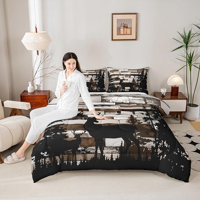 Feelyou Deer Hunting Bedding Set Wild Animal Comforter Set for Kids Boys Girls Rustic Farmhouse Comforter Retro Cabin Quilt Set Bedroom Collection 2Pcs Toddler Size