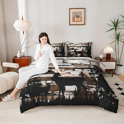 Feelyou Deer Hunting Bedding Set Wild Animal Comforter Set for Kids Boys Girls Rustic Farmhouse Comforter Retro Cabin Quilt Set Bedroom Collection 3Pcs Queen Size