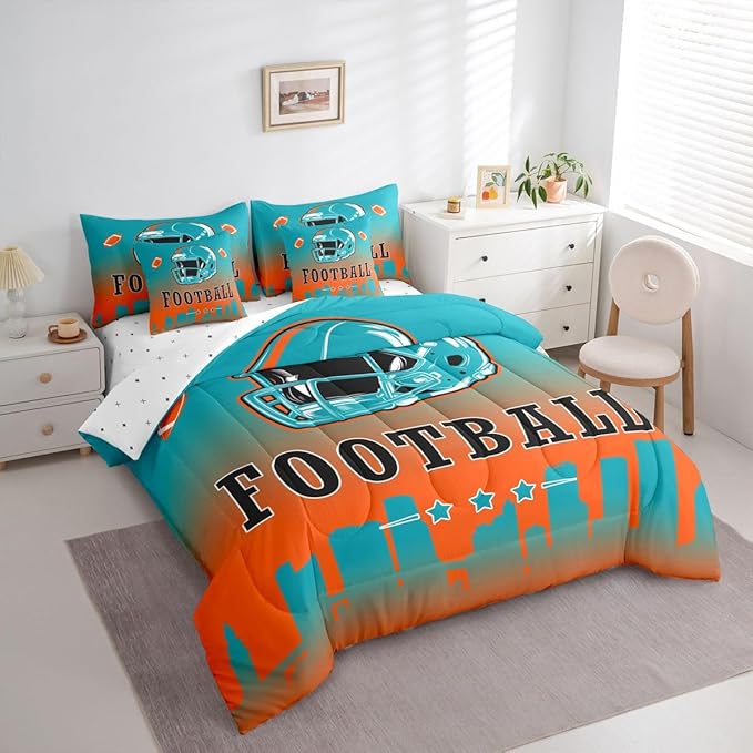 Erosebridal Football City 7 Piece Bedding Set Sports Rugby Queen Comforter Set with Sheets for Kids Boys Girls Teen,American Soccer Sports Theme Bed in A Bag Unique City Silhouette Bed Set