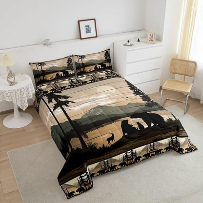 Feelyou Retro Bear Family Bedding Set Wild Animal Hunt Comforter Set for Kids Boys Girls Rustic Farmhouse Comforter Retro Cabin Quilt Set Bedroom Collection 3Pcs Queen Size