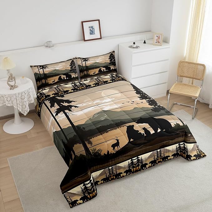 Feelyou Retro Bear Family Bedding Set Wild Animal Hunt Comforter Set for Kids Boys Girls Rustic Farmhouse Comforter Retro Cabin Quilt Set Bedroom Collection 2Pcs Twin Size