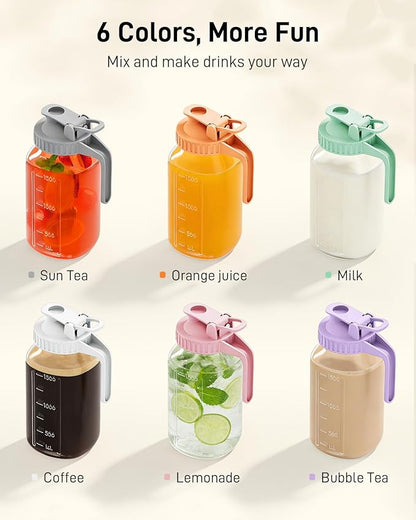 64 oz Glass Pitcher with Lid, Large Wide Mouth Mason Jar with Pour Spout, Orange Sun Tea Glass Jar for Outside, Lemonade Pitcher Great for Drink, Cold Beverages and Breast Milk