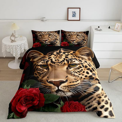 Erosebridal Red Rose Cheetah Bedding Set,Cat Leopard Print Comforter Set,Romantic Flowers Down Comforter,Animal Theme Bedroom Decor for Boys Girls Youth Men Women Female,King Size
