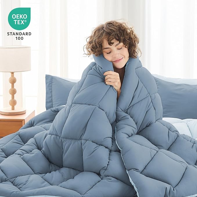 MUXHOMO 7 Pieces King Comforter Set, Reversible Bed in a Bag King Size, All Season Bedding Set with Comforter, Flat Sheet, Fitted Sheet, Pillowcases & Shams, Mineral Blue & Light Blue
