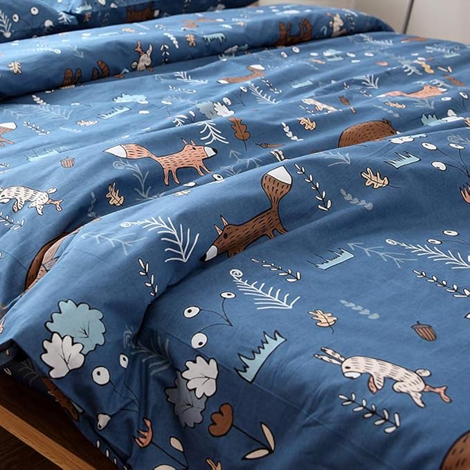 CLOTHKNOW Blue Queen Comforter Set 3Pcs Animal Cartoon Bedding Comforter Sets Kids Forest Fox Rabbit Comforter with 2 x Pillow Cases