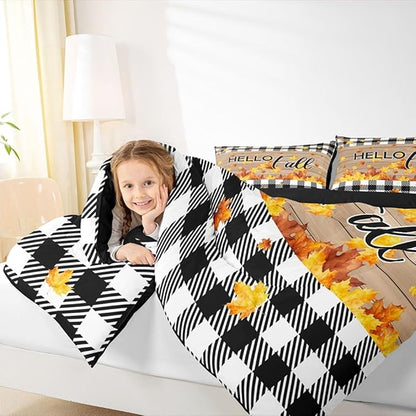 Fall Thanksgiving Bedding Set King Autumn Harvest Seasonal Comforter Set Gifts For Kids Teen Adults,Black White Buffalo Plaid Checkered Comforter Rustic Farmhouse Quilt Bedding Brown 2 Pillow Cases
