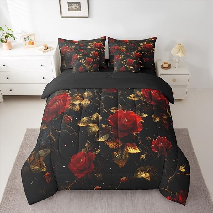 Erosebridal Rose King Comforter Set Rosy Floral 7-Piece Bed in A Bag Gothic Flowers Victorian Garden Romantic Sheets and Pillowcases Gold Red Bed Sets
