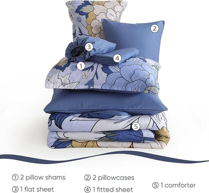 DJY 7 Pieces Blue Floral Comforter Set Queen Size Botanical Bed in a Bag, Soft Microfiber Boho Farmhouse Bedding Floral Comforter with Sheets Set for All Season (104''x90'')
