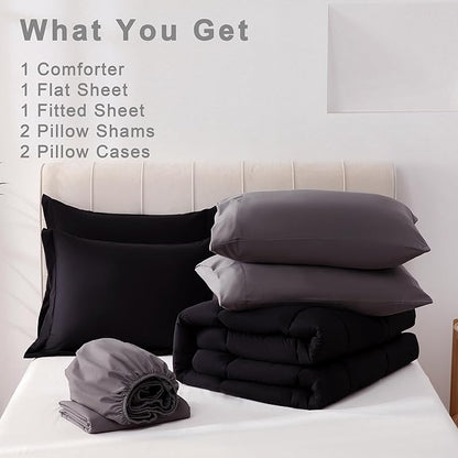 DOWNCOOL Full Size Comforter Sets, 7Pcs Full Size Bedding Sets Black/Grey, All Season Down Alternative Bedding Comforter Sets with Comforter, Flat Sheet, Fitted Sheet, 2 Pillow Shams & 2 Pillowcases