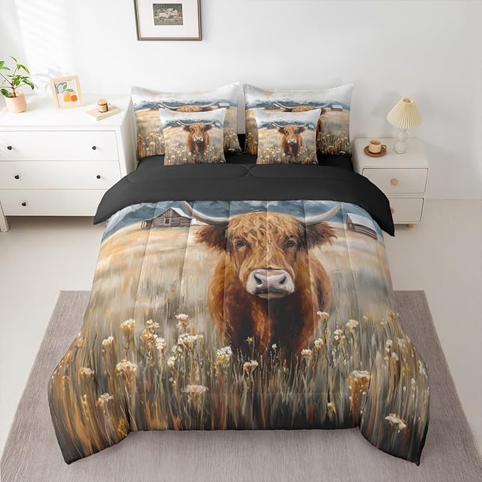 Erosebridal Brown Cow Print Twin Bedding Set - Western Highland Bull Bed in A Bag,Rustic Flowers Floral Decor Comforter Sets with Sheets, Farmhouse Country Style 7 Pieces Bed Set Bedroom Decor