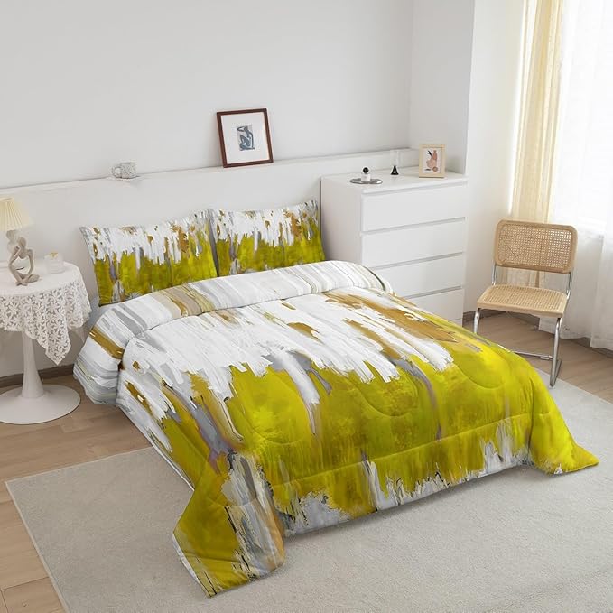 Erosebridal Yellow Bedding Full Gradient Brush Marks Comforter Set, Watercolor Stripe Aesthetic Down Comforter Abstract Ombre Bedding Comforter Sets, Chic Vintage Contemporary Duvet Insert 3pcs