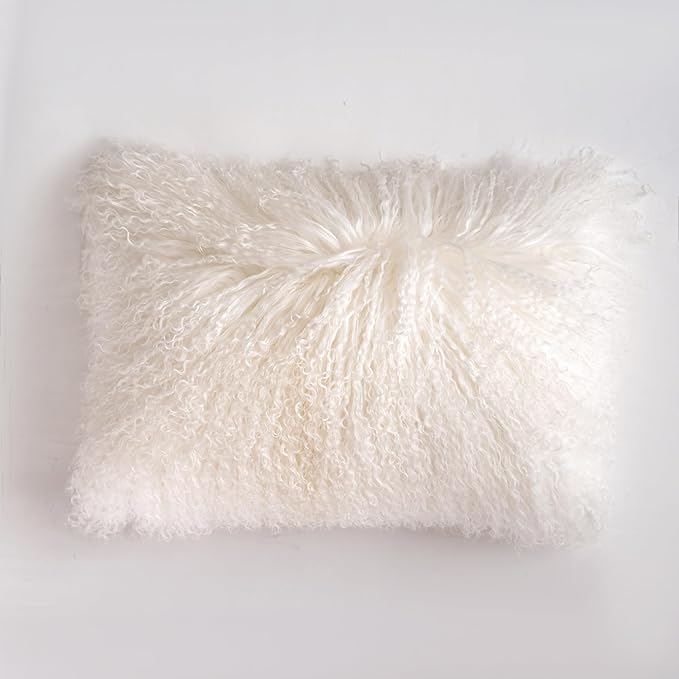 Genuine Mongolian Lamb Fur Pillow Cover – 12"x20" Rectangular Cushion Case – Soft Curly Wool Decorative Accent for Sofa, Bed, or Chair (Natural White)