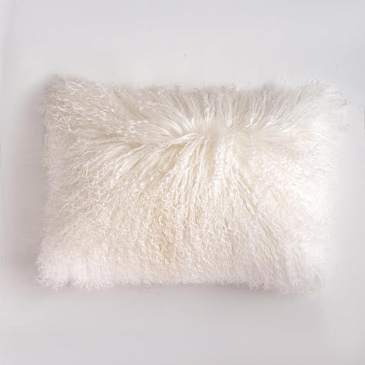 Genuine Mongolian Lamb Fur Pillow Cover – 12"x20" Rectangular Cushion Case – Soft Curly Wool Decorative Accent for Sofa, Bed, or Chair (Natural White)