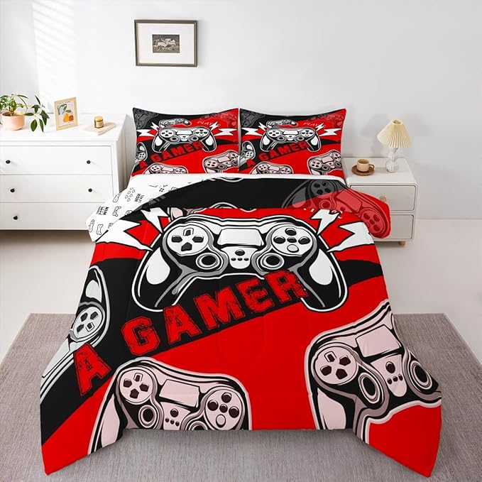 Erosebridal Gaming Comforter Sets for Boys Kids Gamer Comforter Set,Video Game Bedding Set Red Black Gamepad Quilt Duvet Set Men Boys Bedroom Decor,King Size 3Pcs