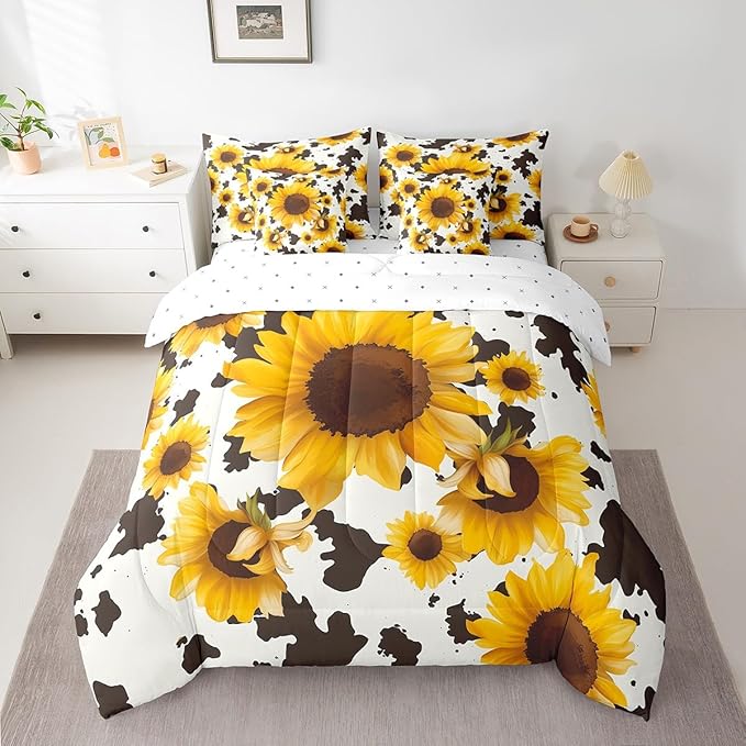 Erosebridal 7 Pcs Sunflower Cow Comforter Set Full Size,Cow Printed Bed in a Bag with Flat Sheet and Fitted Sheet for Cowboy Cowgirl,Farmhouse Cowhide Bedding Set with Pillowcases and Cushion Cases