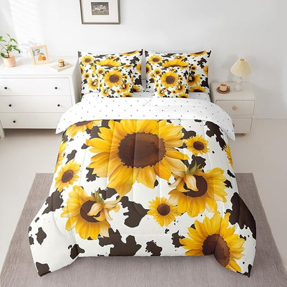Erosebridal 7 Pcs Sunflower Cow Comforter Set Full Size,Cow Printed Bed in a Bag with Flat Sheet and Fitted Sheet for Cowboy Cowgirl,Farmhouse Cowhide Bedding Set with Pillowcases and Cushion Cases