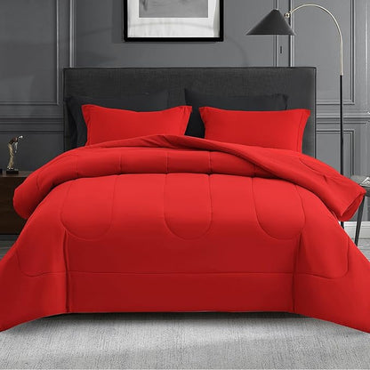 Maple&Stone Full Size Comforter Set 7 Pieces Bed in a Bag - Down Alternative Bed Set with Sheets, Pillowcases & Shams, Soft Reversible Duvet Insert, Black and Red