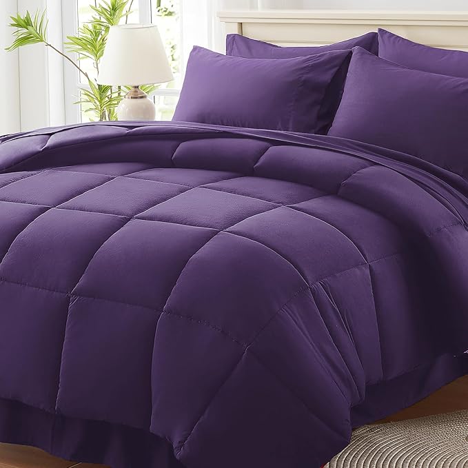 Anluoer Full Comforter Set 7 Piece, Dark Purple Bed in a Bag with Sheets, Comforters Full Size Bedding Sets with 1 Comforter, 2 Pillow Shams, 2 Pillowcases, 1 Flat Sheet,1 Fitted Sheet
