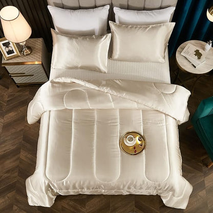 Dreamer Satin Silk Like Cream Comforter - Soft Beige Polyester Filling Luxury 1 Comforter 2 Pillowcases (Queen, Beige)