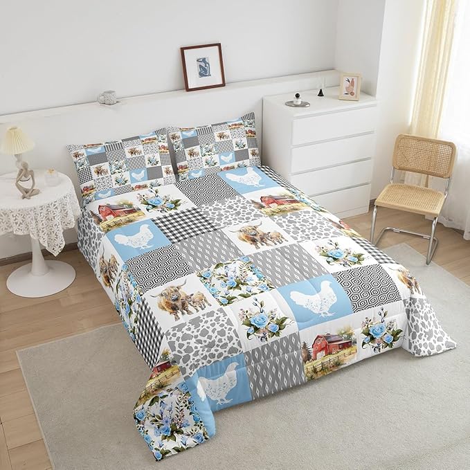 Farmhouse Plaid Comforter Set Queen Size,Highland Cattle Chicken Animals Bedding Set for Women Adult,Blue Floral Geometric Patchwork Luxury Bed Duvet Insert, 2 Pillowcases