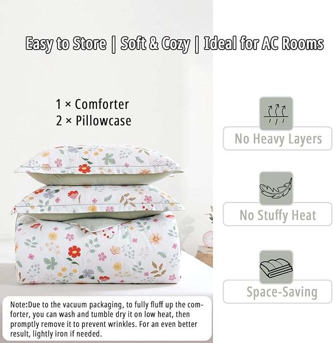 Botanical Cotton Comforter King Size 3Pcs - Colorful Flowers, Berries and Leaves on White, Chevron Sage Green Back, Reversible Lightweight Bedding Sets with Soft Fill(King, 104"×90")