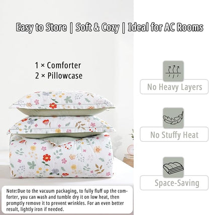 Botanical Cotton Comforter Queen Size 3Pcs - Colorful Flowers, Berries and Leaves on White, Chevron Sage Green Back, Reversible Lightweight Bedding Sets with Soft Fill(Queen, 90"×90")