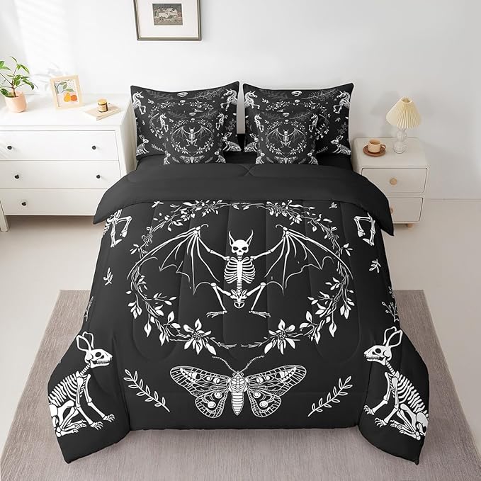 Moth Animal Comforter Set in a Bag 7 Pieces,Gothic Skull Boho Flower Bed Set Twin,Bohemian Exotic Skeleton Bedding Sets,(1 Comforter,2 Pillowcase,2 Pillow Covers,1 Flat Sheet,1 Fitted Sheet)