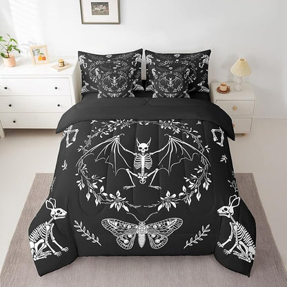 Moth Animal Comforter Set in a Bag 7 Pieces,Gothic Skull Boho Flower Bed Set Twin,Bohemian Exotic Skeleton Bedding Sets,(1 Comforter,2 Pillowcase,2 Pillow Covers,1 Flat Sheet,1 Fitted Sheet)