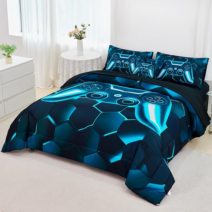 URBONUR Blue and Teal Kids Comforter Set Queen Size 6 Pieces Video Game Printed Gamer Bedding Set Queen for Boys Teen Girls, Lightweight Comforter with Sheets Set