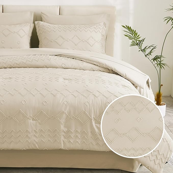 EMME Twin Comforter Set - 5 Pcs Beige Boho Bedding Sets, Tufted Comforter with Sheets, Shabby Chic Embroidery Twin Bed Set Fluffy Bed Bag for All Season(68"X90")