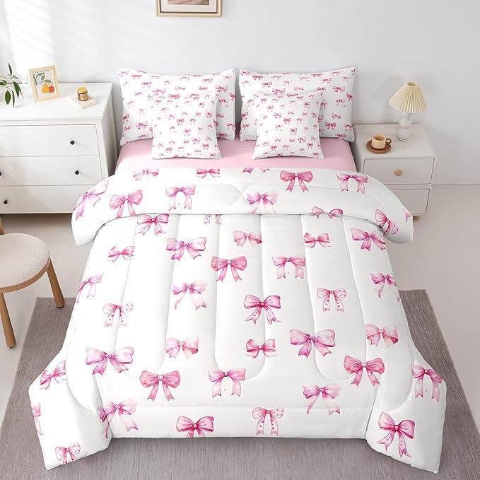 Feelyou Pink Girls Bow 7 Pieces Comforter Sets Boys Girls Twin Size Bow Bedding Set for All Season for Kids Women Men Cute Bowknot Bed in a Bag with Comforter, Sheets, Pillowcases & Cushion Cover