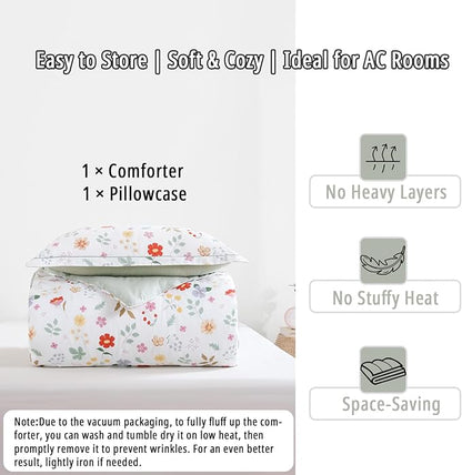 Botanical Cotton Comforter Twin Size 2Pcs - Colorful Flowers, Berries and Leaves on White, Chevron Sage Green Back, Lightweight Bedding Sets with Soft Fill(1 Comfoter, 1 Pillowcase)
