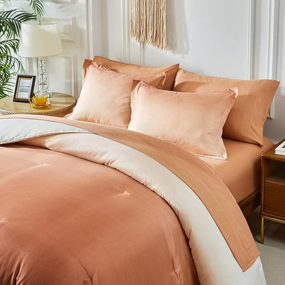 Burnt Orange and Pumpkin Gradient Comforter Set Queen Size 7 Pieces Elegant Ombre Bed in a Bag - Reversible Bedding Set with Comforter, Flat Sheet, Fitted Sheet, 2 Pillowcases & 2 Pillow Shams