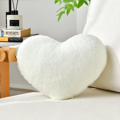 Heart Pillow White Throw Pillows Decorative Pillows for Bed Couch Cute Faux Rabbit Fur Small Pillow for Women Valentine Anniversary Fall Halloween Christmas Home Decor (Mini, 13"x10")