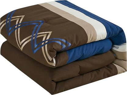 Chezmoi Collection Arden 7-Piece Modern Pleated Stripe Embroidered Zigzag Bedding Comforter Set (Queen, Coffee/Brown/Navy/White)