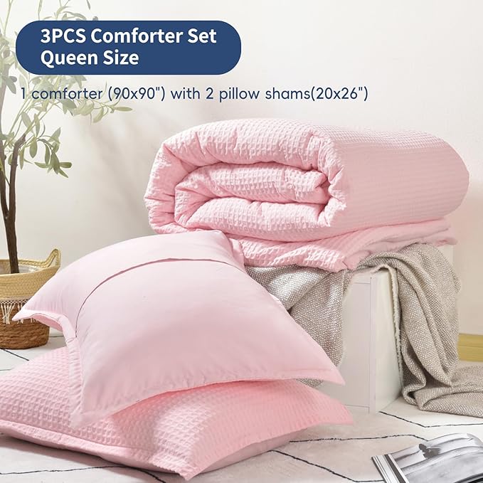 David's Home Waffle Weave Comforter Set 3PCS Queen Size, Soft Breathable Lightweight Cozy Skin-Friendly Warm for All Season, Elegant Aesthetic Home Decor Bedding Set with Pillow Shams, Pink
