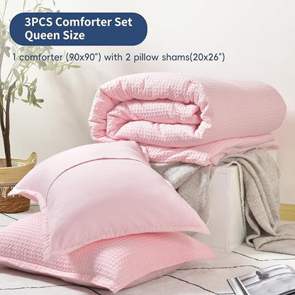 David's Home Waffle Weave Comforter Set 3PCS Queen Size, Soft Breathable Lightweight Cozy Skin-Friendly Warm for All Season, Elegant Aesthetic Home Decor Bedding Set with Pillow Shams, Pink