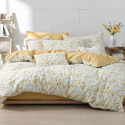 Natural Cotton 3pcs Floral Comforter Sets King Size-Yellow Comforter with Pink & Yellow Flowers and Blue & Green Leaves on White, Reversible Lightweight Bedding Sets(King 104"×90")