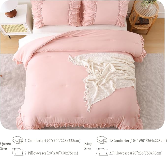 Herside Pink Ruffle Comforter Set King Size,Shabby Chic Boho Bedding Sets, Soft Fluffy Comforters Sets for All Season,Vintage Ruffled 3 Pcs Microfiber Lightweight Quilt Set for Women Girls