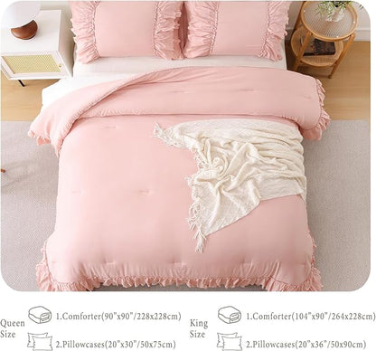 Herside Pink Ruffle Comforter Set King Size,Shabby Chic Boho Bedding Sets, Soft Fluffy Comforters Sets for All Season,Vintage Ruffled 3 Pcs Microfiber Lightweight Quilt Set for Women Girls