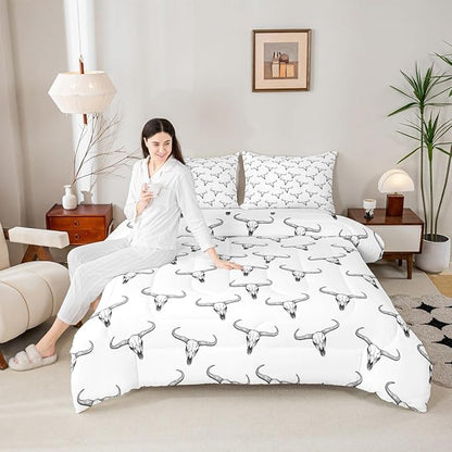 Erosebridal Bull Skull Comforter Set Twin Ethnic Bohemian Bedding for Men Boys | Tribal Steer Skull Wildlife Aztec Bedroom Decor Farmhouse Cabin Lodge Duvet Insert with 1 Pillow Case,Black White