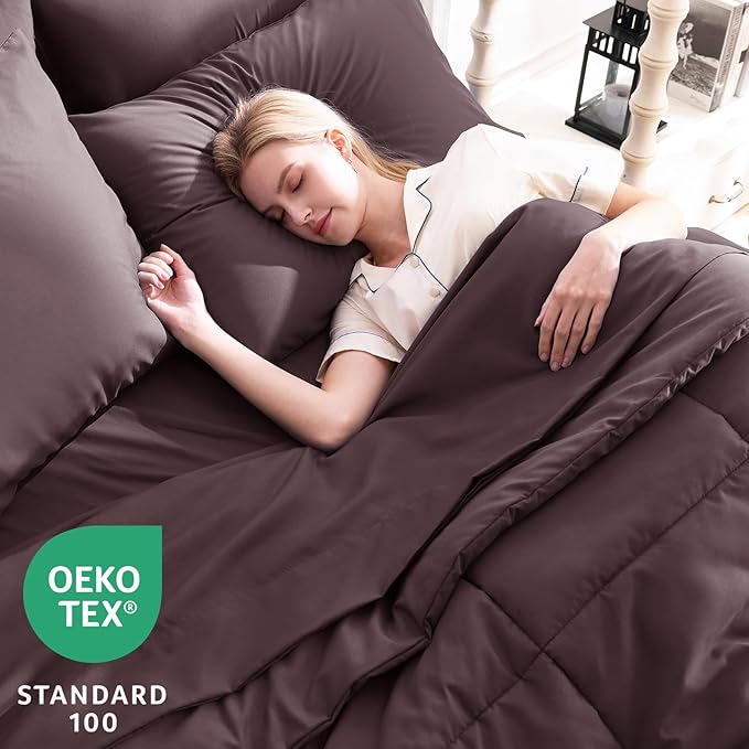 CozyLux King Size Comforter Set Cocoa Powder, 7 Pieces Bed in a Bag, Cocoa Powder Comforter King Size, All Season Bedding Sets with Stitch Quilted Comforter, Flat Sheet, Fitted Sheet, Pillowcases